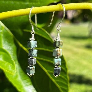 Stacked Square Turquoise Beads and Sterling Dangle Earrings